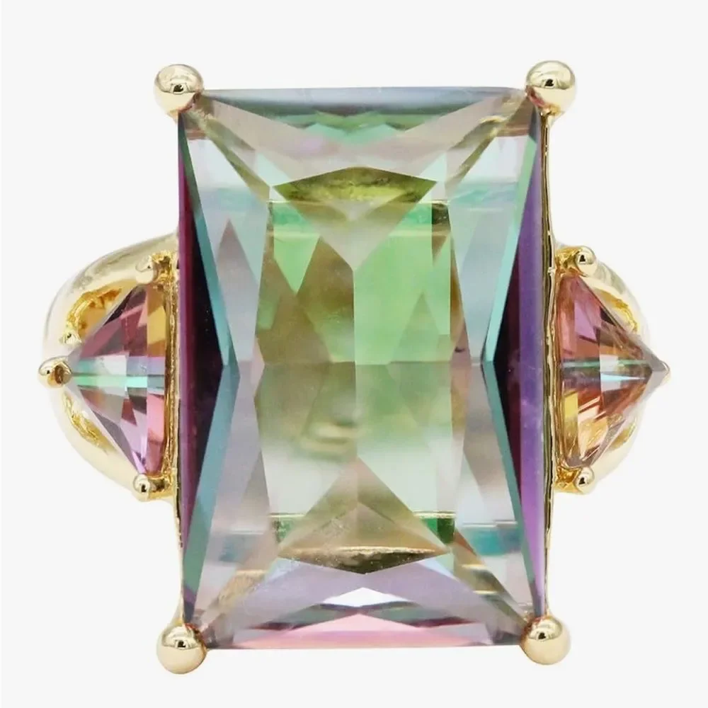 Multicolor Radiant Diamond Statement Ring 14K Gold Plated Stretch Cocktail Ring